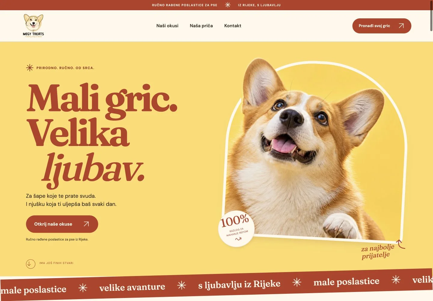 Stvarna početna stranica Megy Treatsa, sa žutim hero prikazom i veselim korgijem